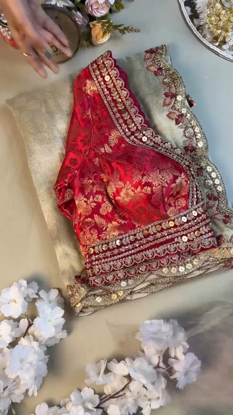 Red Brocade Blouse with Scalloped Sequin Border Saree