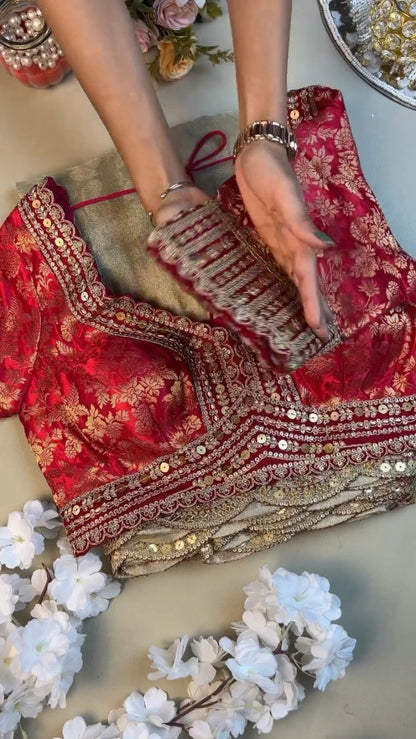 Red Brocade Blouse with Scalloped Sequin Border Saree