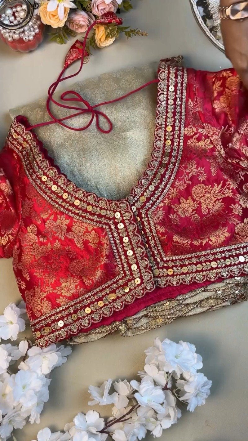 Red Brocade Blouse with Scalloped Sequin Border Saree