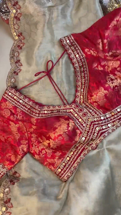 Red Brocade Blouse with Scalloped Sequin Border Saree