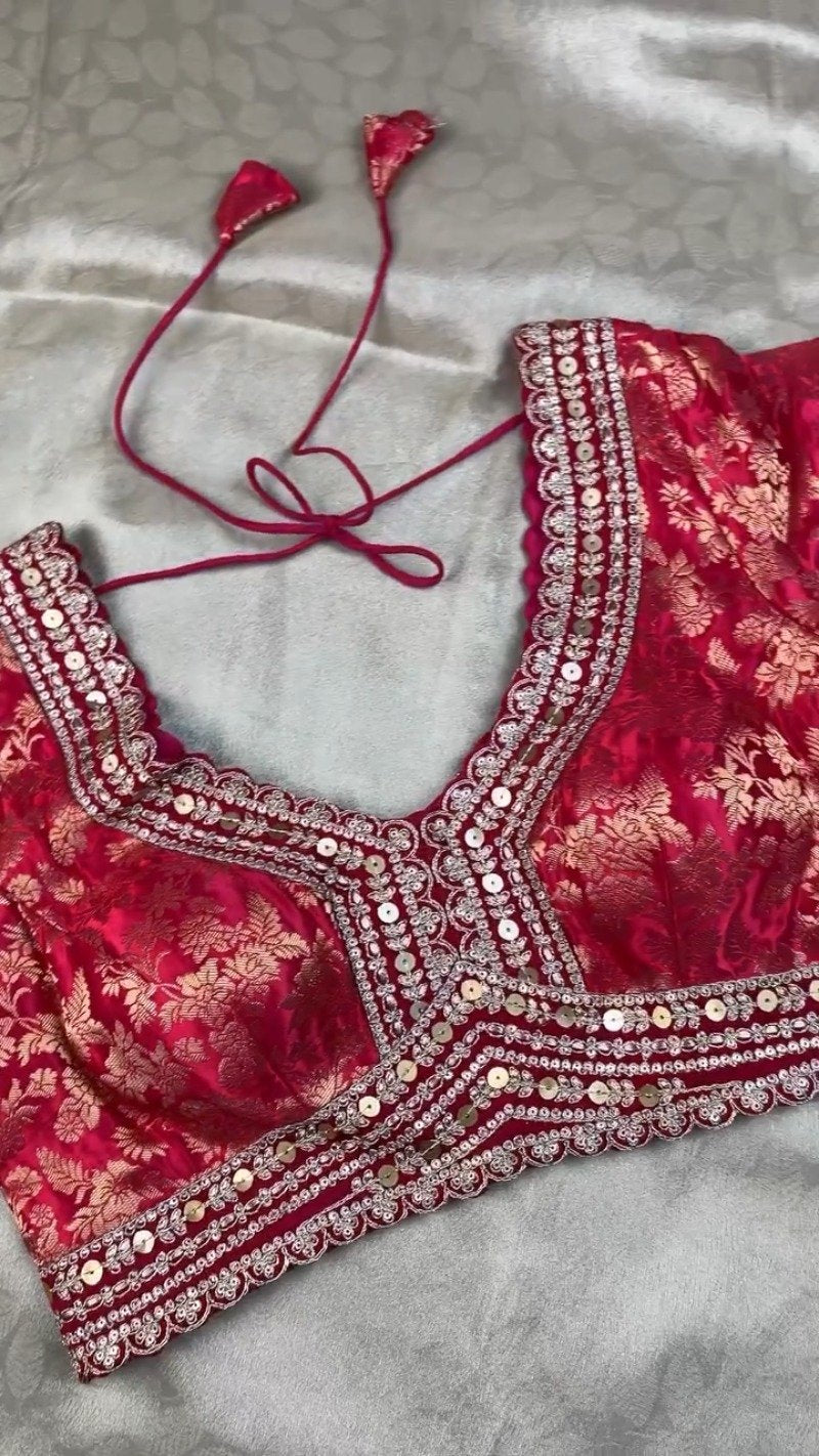 Red Brocade Blouse with Scalloped Sequin Border Saree