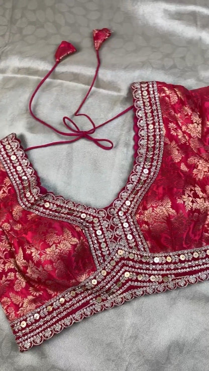 Red Brocade Blouse with Scalloped Sequin Border Saree