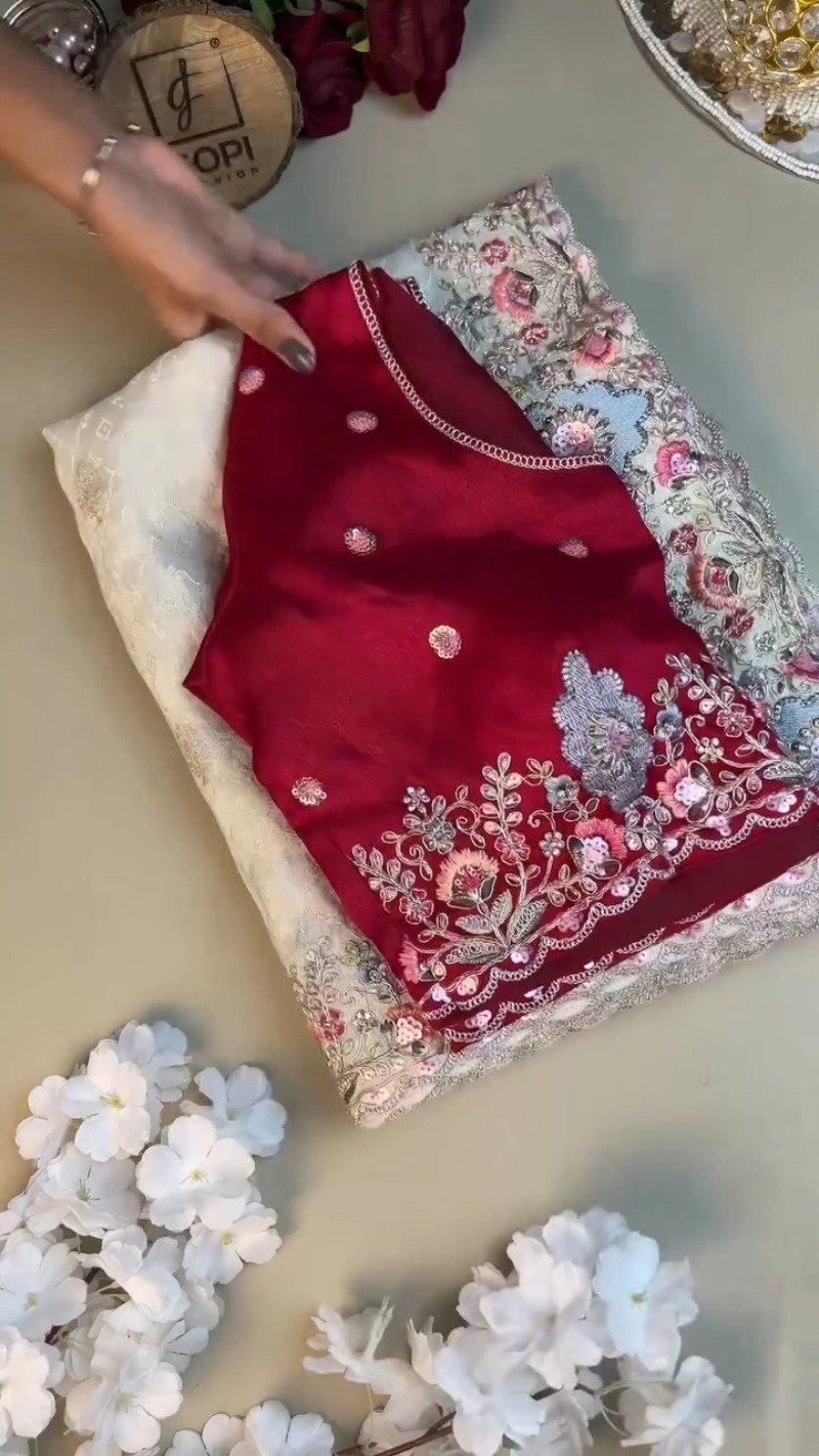 Opulent Floral Embroidered Ethnic Suit Set – Available in Deep Crimson & Classic Ivory