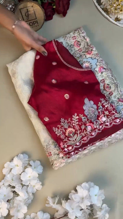 Opulent Floral Embroidered Ethnic Suit Set – Available in Deep Crimson & Classic Ivory