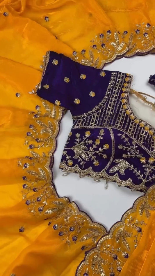 Opulent Hand-Embroidered Zardosi Silk Saree Set – Available in Crimson Red, Royal Purple, and Emerald Teal