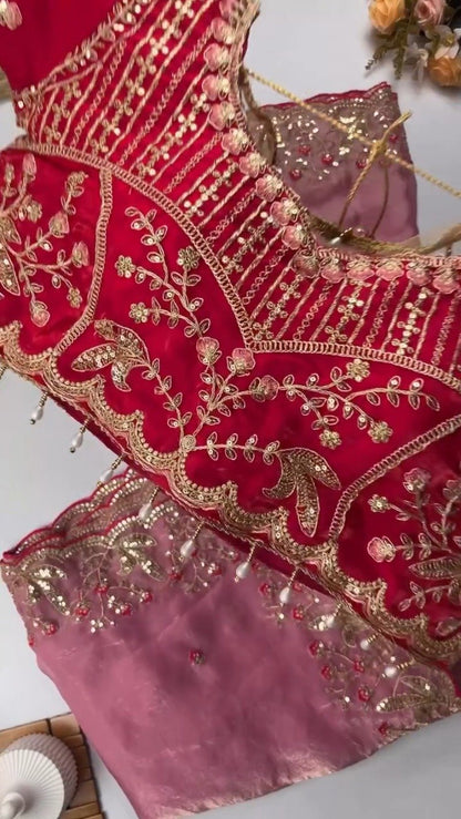 Opulent Hand-Embroidered Zardosi Silk Saree Set – Available in Crimson Red, Royal Purple, and Emerald Teal