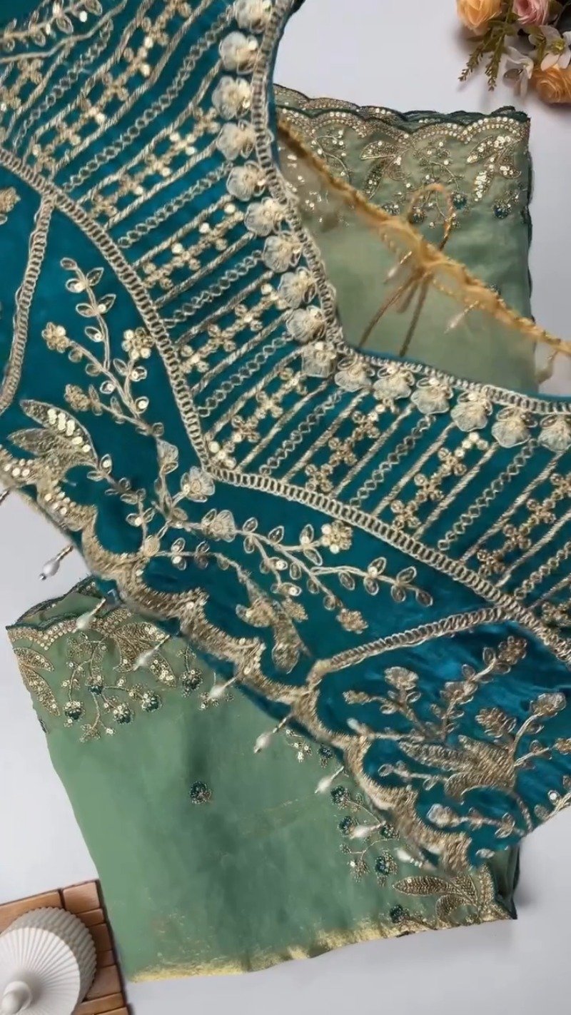 Opulent Hand-Embroidered Zardosi Silk Saree Set – Available in Crimson Red, Royal Purple, and Emerald Teal