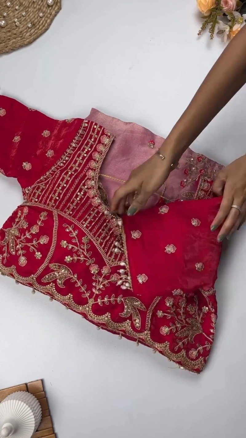 Opulent Hand-Embroidered Zardosi Silk Saree Set – Available in Crimson Red, Royal Purple, and Emerald Teal