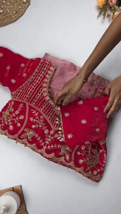 Opulent Hand-Embroidered Zardosi Silk Saree Set – Available in Crimson Red, Royal Purple, and Emerald Teal