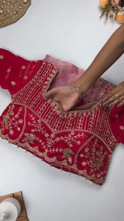 Opulent Hand-Embroidered Zardosi Silk Saree Set – Available in Crimson Red, Royal Purple, and Emerald Teal