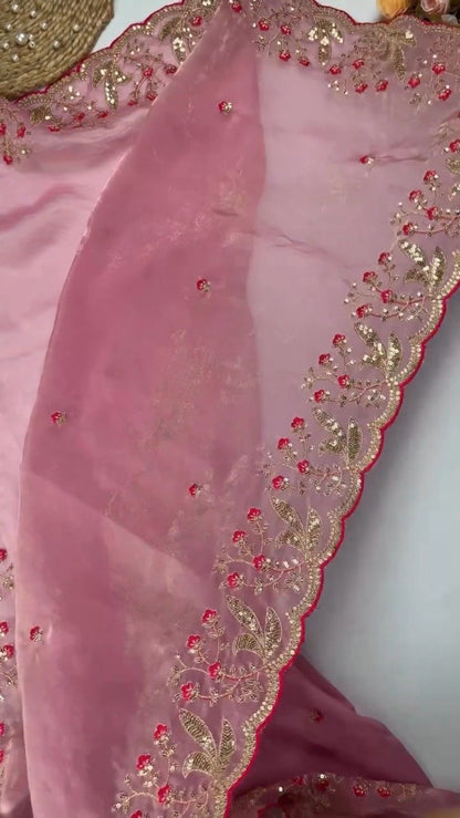 Opulent Hand-Embroidered Zardosi Silk Saree Set – Available in Crimson Red, Royal Purple, and Emerald Teal