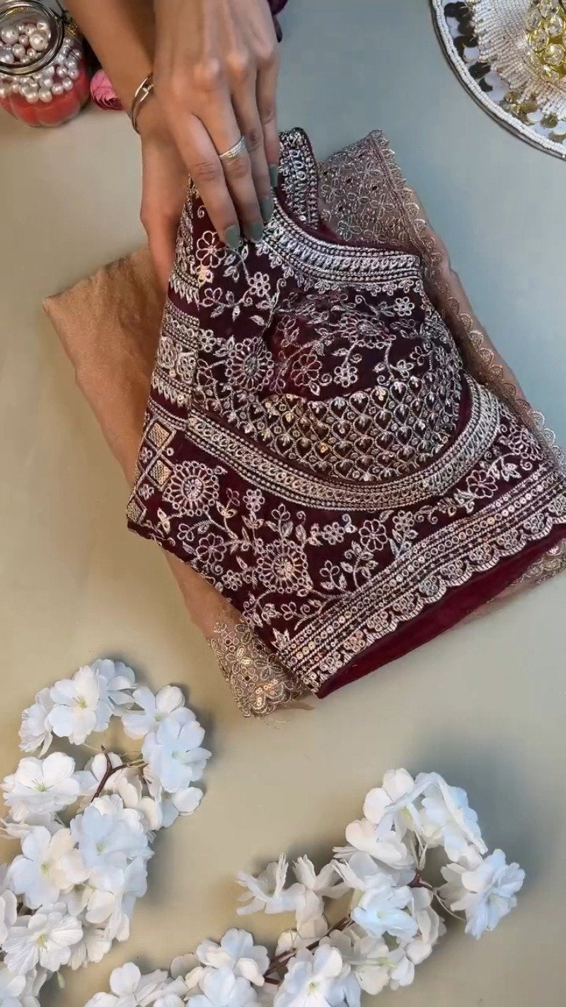 Regal Maroon & Blush Pink Hand-Embroidered Saree Set – Available in Maroon & Blush Pink