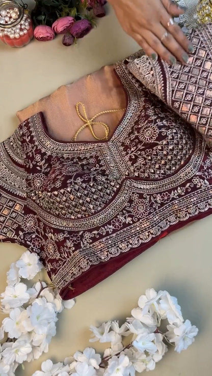 Regal Maroon & Blush Pink Hand-Embroidered Saree Set – Available in Maroon & Blush Pink