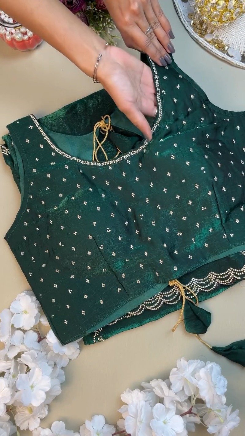 Emerald Radiance Stone-Embellished Organza Saree & Sleeveless Blouse Set