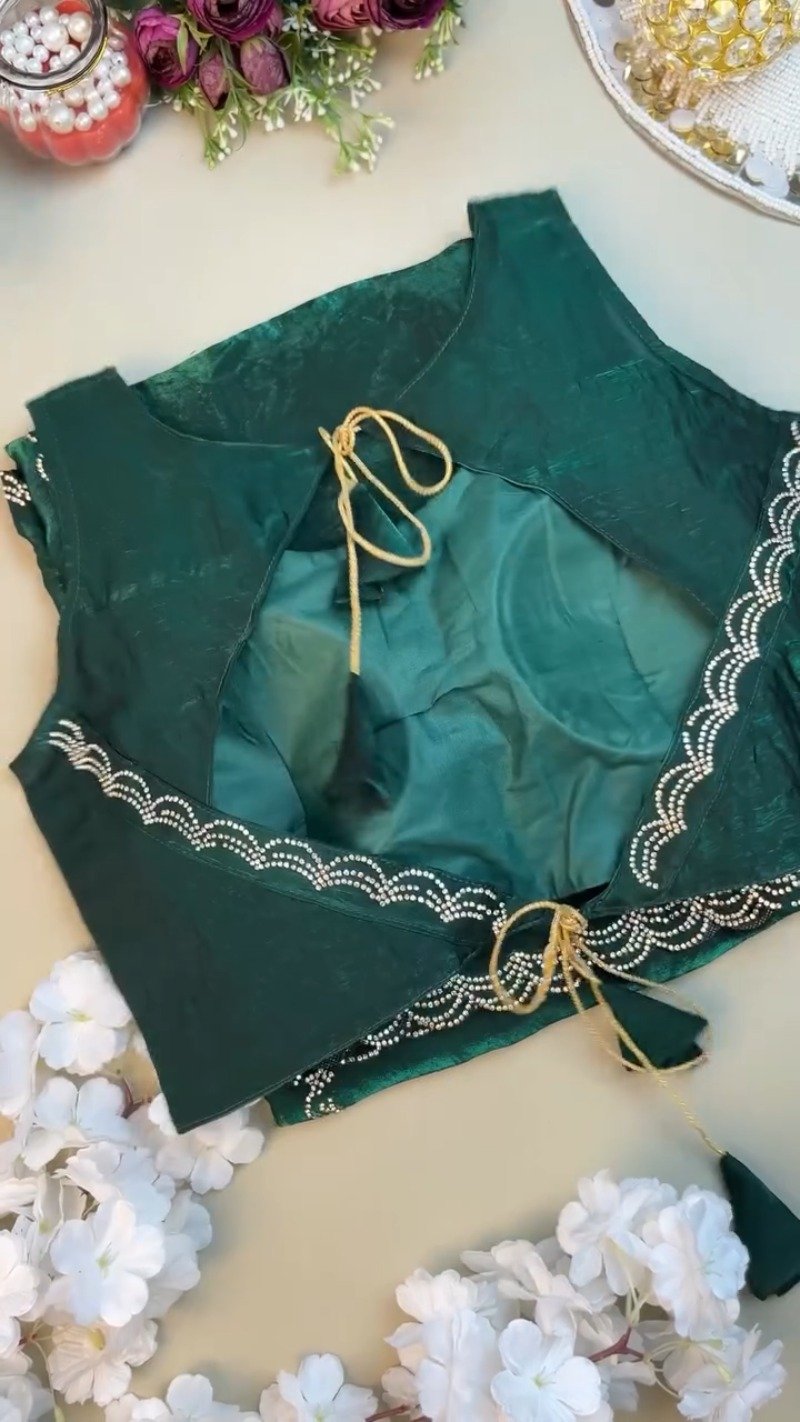 Emerald Radiance Stone-Embellished Organza Saree & Sleeveless Blouse Set