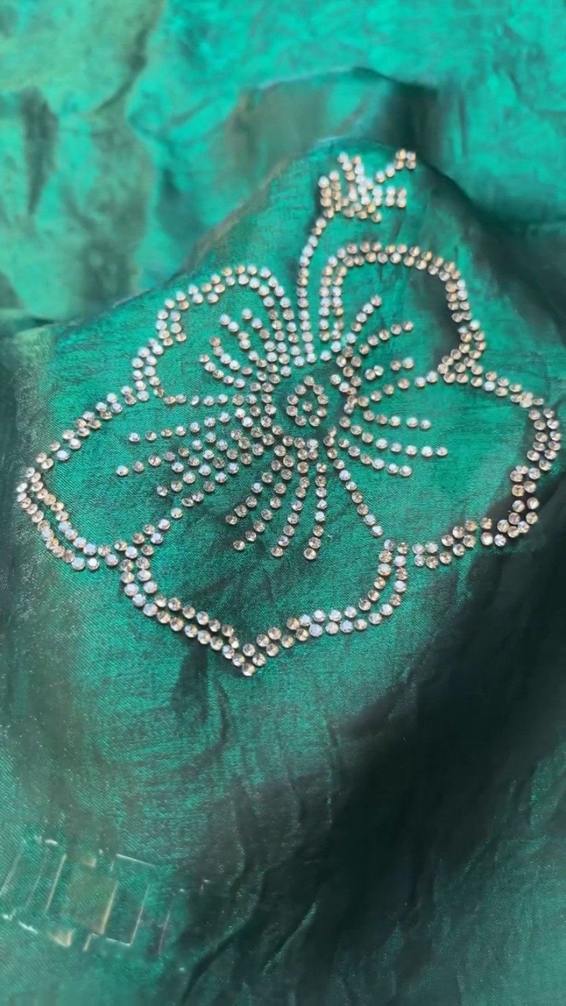 Emerald Radiance Stone-Embellished Organza Saree & Sleeveless Blouse Set