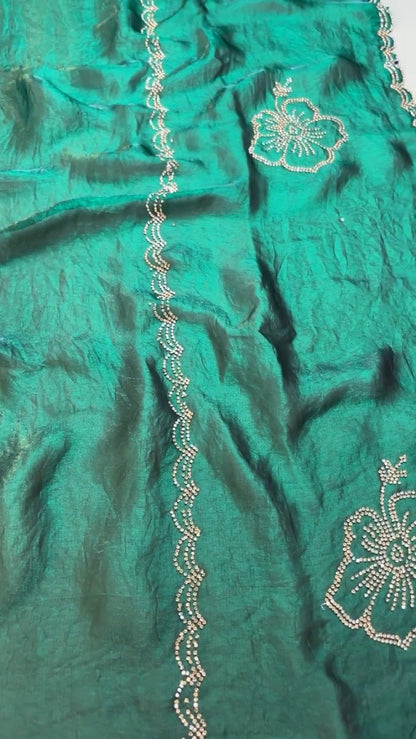 Emerald Radiance Stone-Embellished Organza Saree & Sleeveless Blouse Set