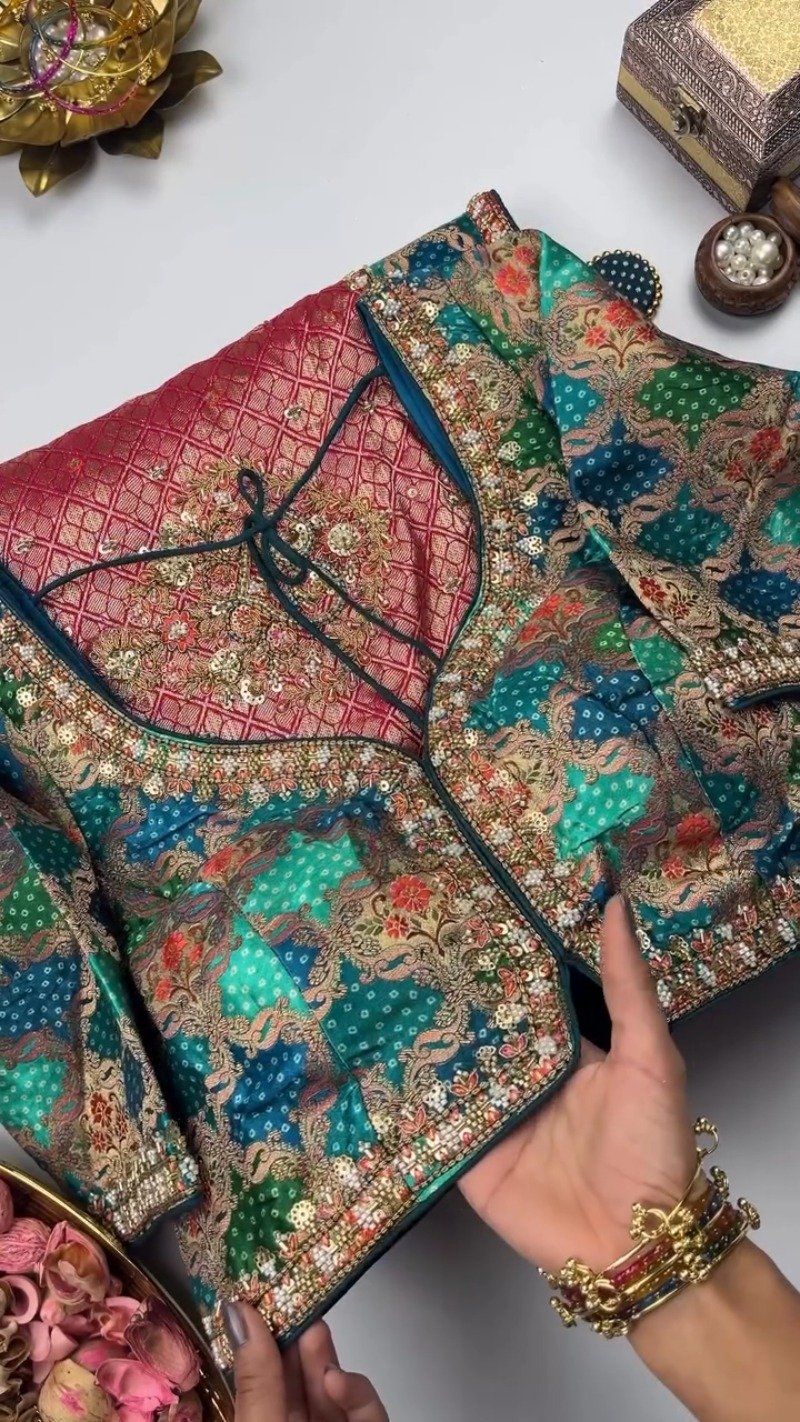 Royal Heritage Patchwork Silk Saree with Traditional Bandhani Detailing – Available in Crimson Red & Deep Teal Blue