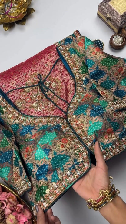 Royal Heritage Patchwork Silk Saree with Traditional Bandhani Detailing – Available in Crimson Red & Deep Teal Blue