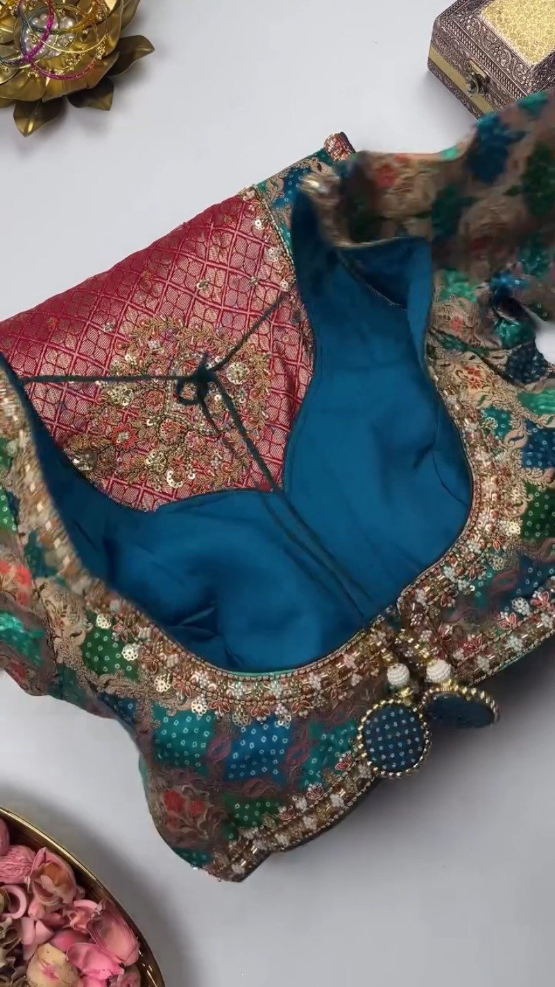 Royal Heritage Patchwork Silk Saree with Traditional Bandhani Detailing – Available in Crimson Red & Deep Teal Blue