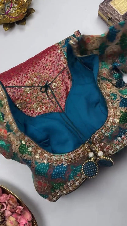 Royal Heritage Patchwork Silk Saree with Traditional Bandhani Detailing – Available in Crimson Red & Deep Teal Blue