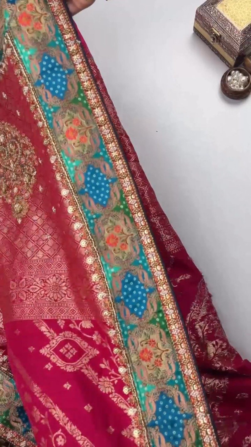 Royal Heritage Patchwork Silk Saree with Traditional Bandhani Detailing – Available in Crimson Red & Deep Teal Blue