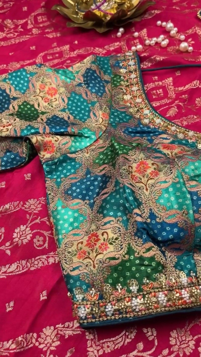 Royal Heritage Patchwork Silk Saree with Traditional Bandhani Detailing – Available in Crimson Red & Deep Teal Blue