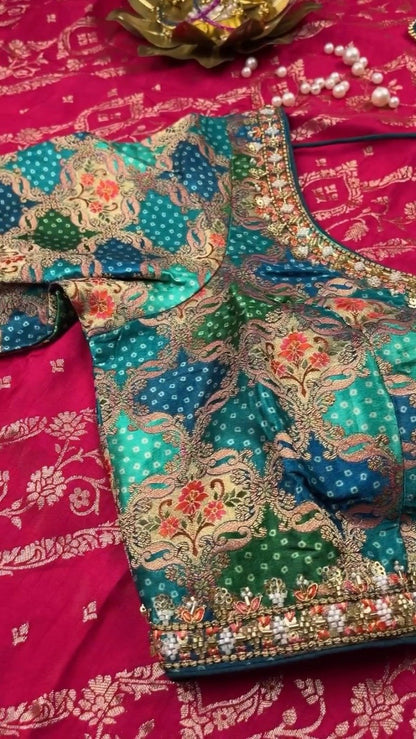 Royal Heritage Patchwork Silk Saree with Traditional Bandhani Detailing – Available in Crimson Red & Deep Teal Blue