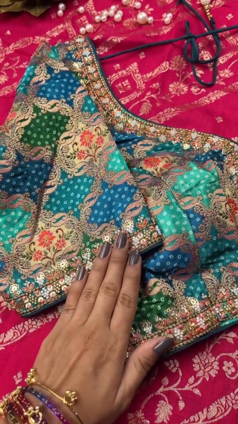 Royal Heritage Patchwork Silk Saree with Traditional Bandhani Detailing – Available in Crimson Red & Deep Teal Blue