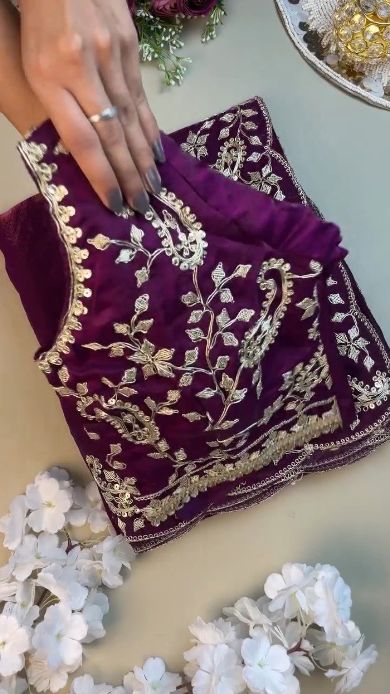 Royal Purple Organza Saree & Embroidered Blouse Set