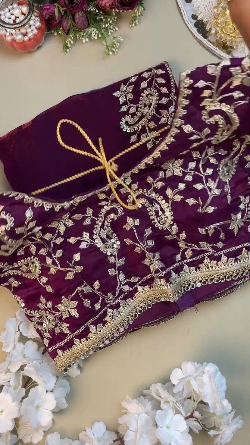Royal Purple Organza Saree & Embroidered Blouse Set