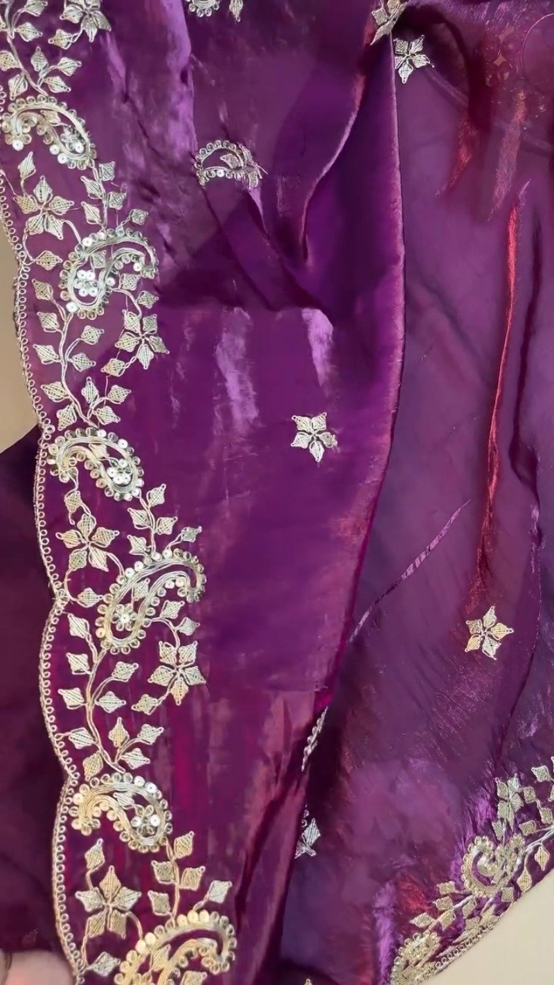 Royal Purple Organza Saree & Embroidered Blouse Set