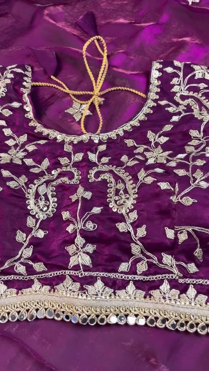 Royal Purple Organza Saree & Embroidered Blouse Set