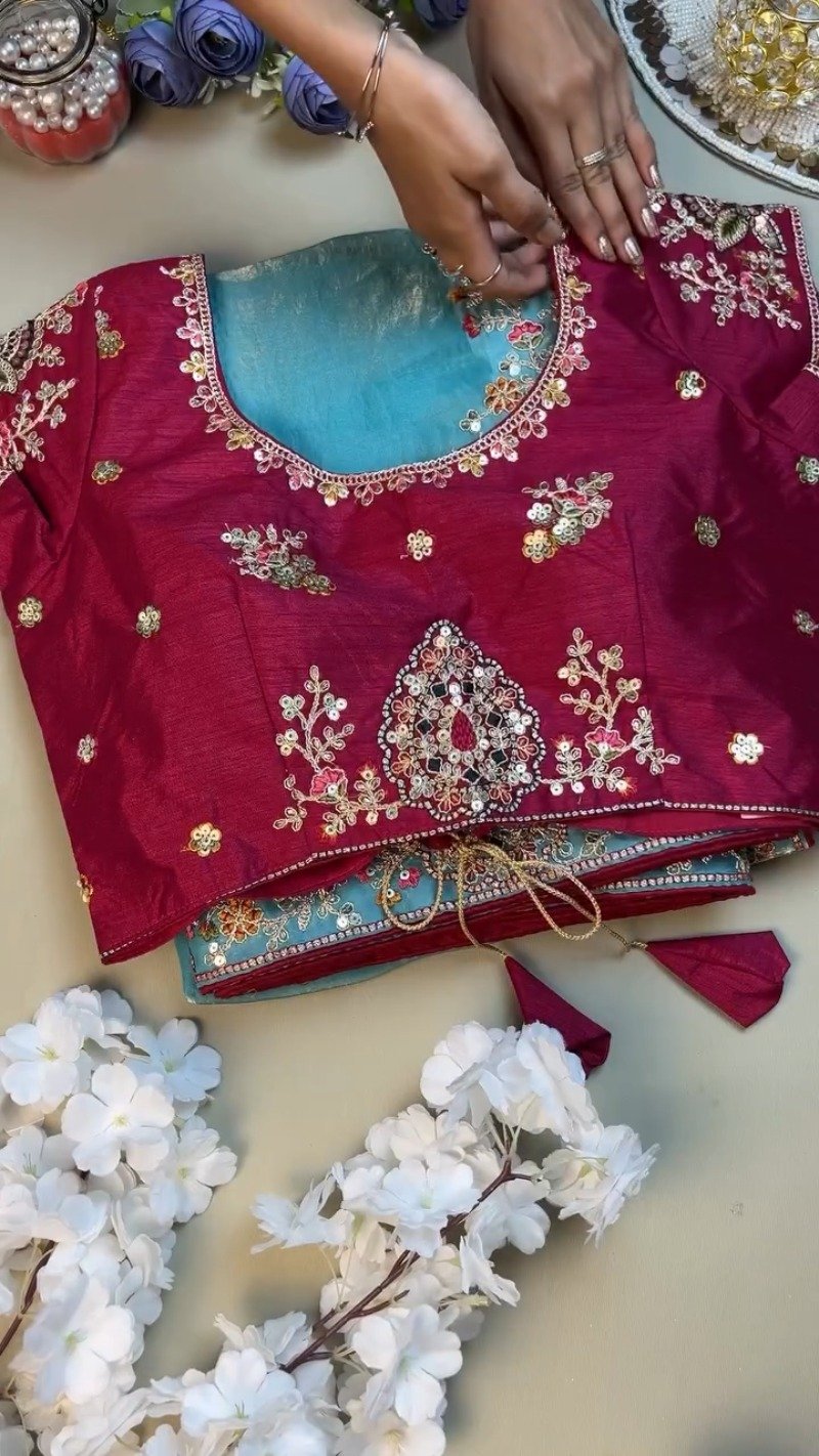 Enchanting Sky-Blue Saree with Magenta Contrast Embellished Blouse – Available in Sky-Blue & Magenta