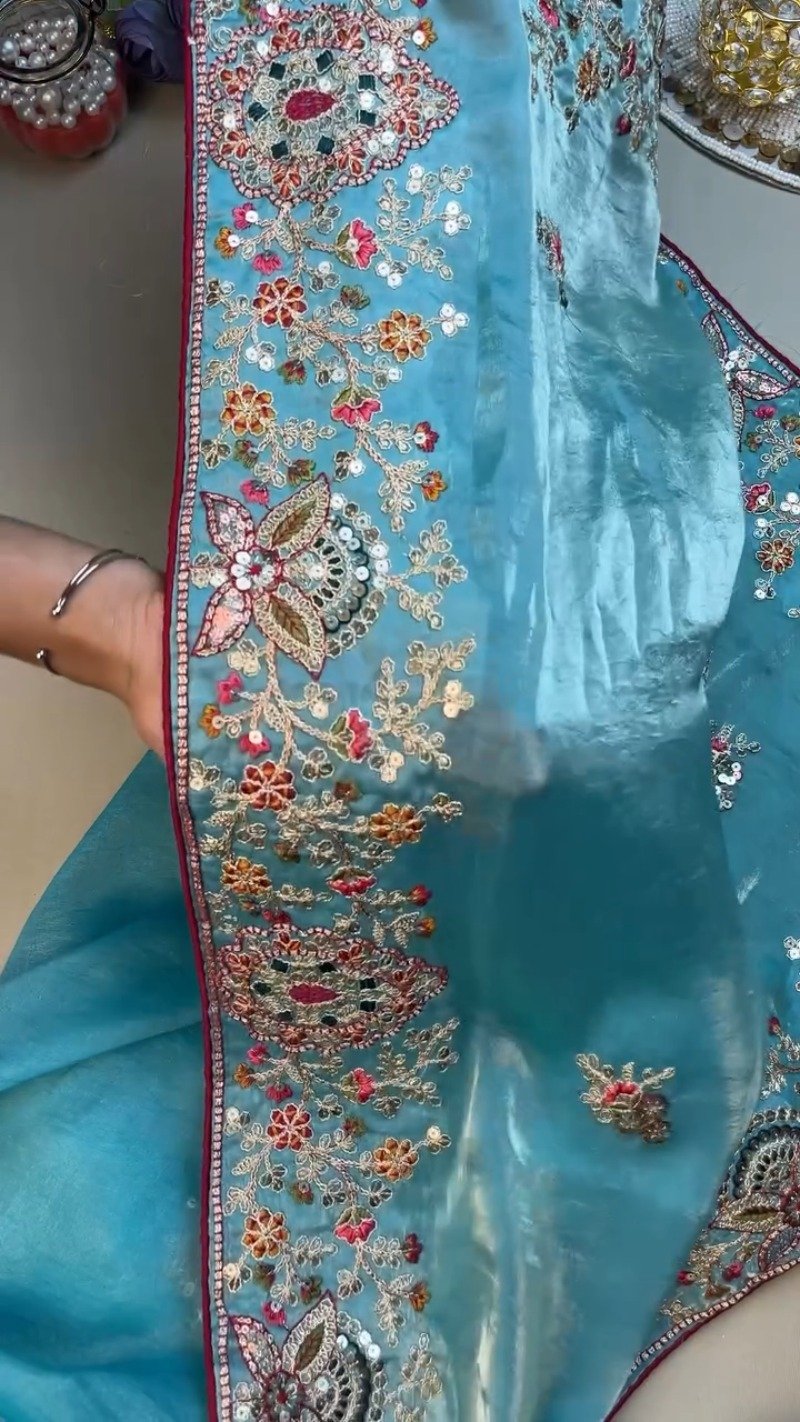 Enchanting Sky-Blue Saree with Magenta Contrast Embellished Blouse – Available in Sky-Blue & Magenta