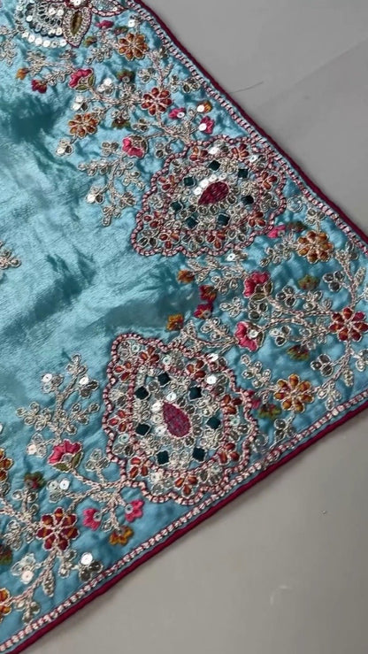 Enchanting Sky-Blue Saree with Magenta Contrast Embellished Blouse – Available in Sky-Blue & Magenta