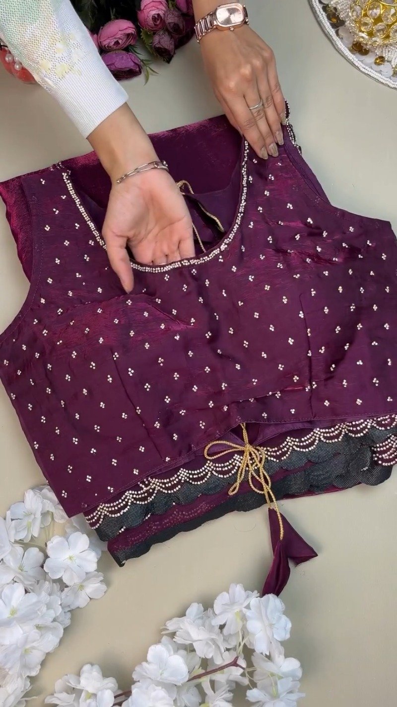 Royal Amethyst Scalloped Crystal Embellished Saree Set