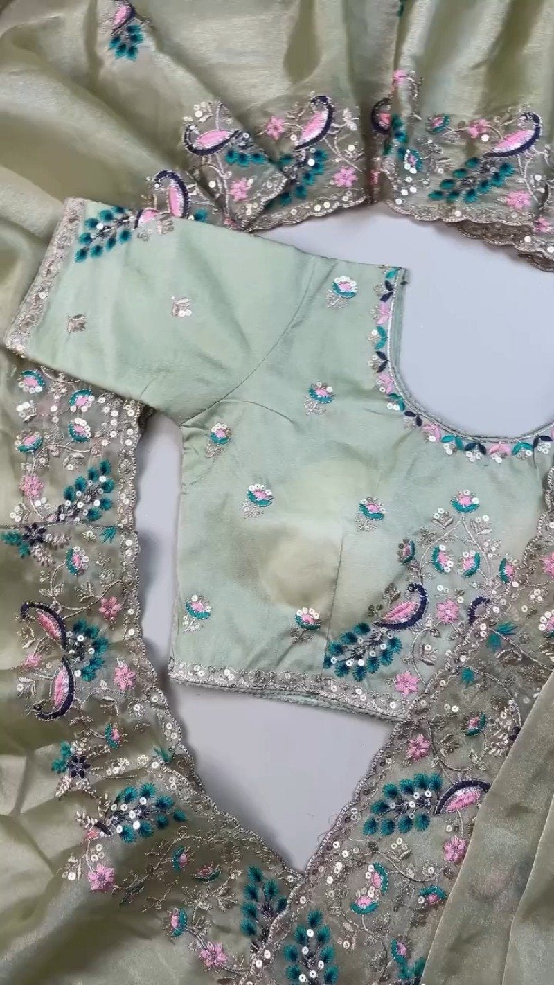 Celestia Sage Green Embroidered Saree Set with Peacock Motif Blouse