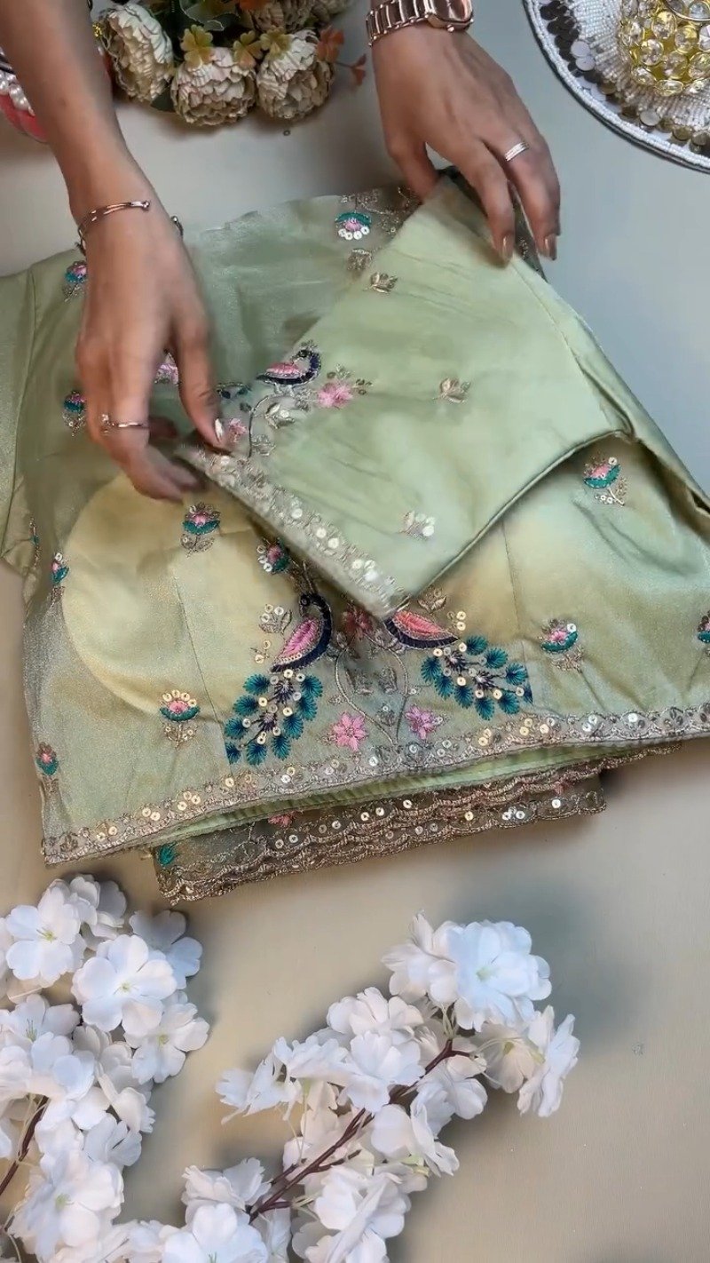 Celestia Sage Green Embroidered Saree Set with Peacock Motif Blouse