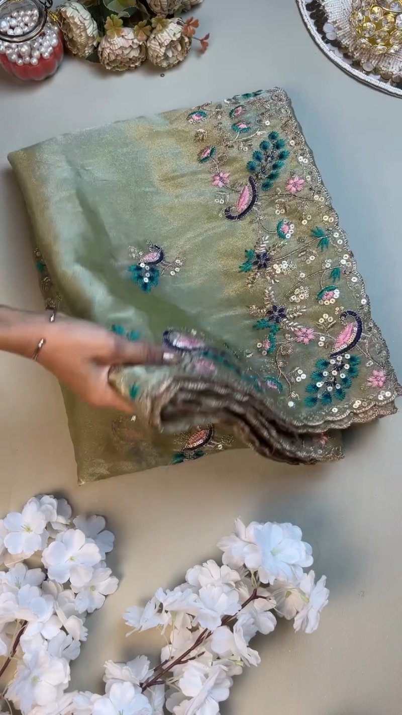Celestia Sage Green Embroidered Saree Set with Peacock Motif Blouse