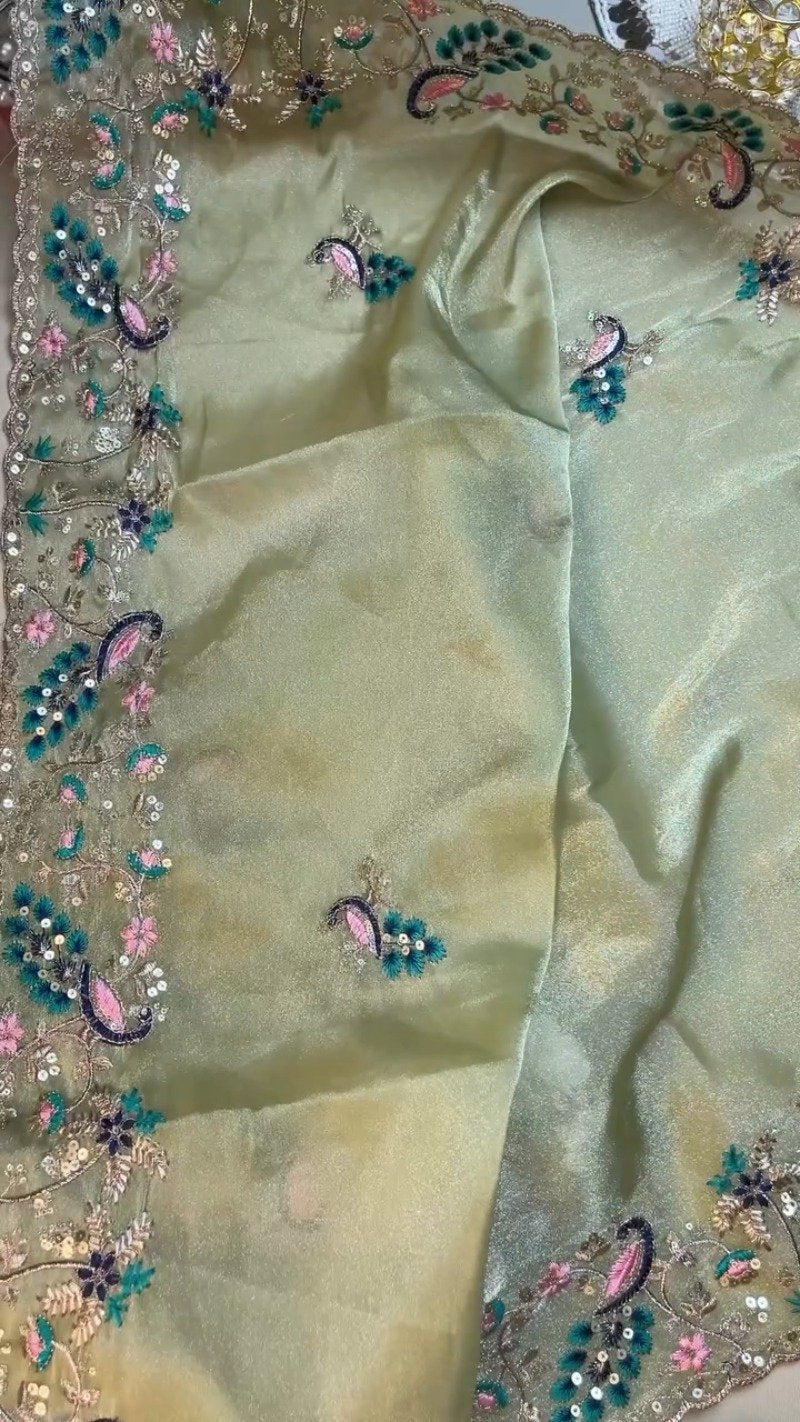 Celestia Sage Green Embroidered Saree Set with Peacock Motif Blouse