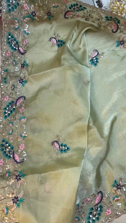 Celestia Sage Green Embroidered Saree Set with Peacock Motif Blouse