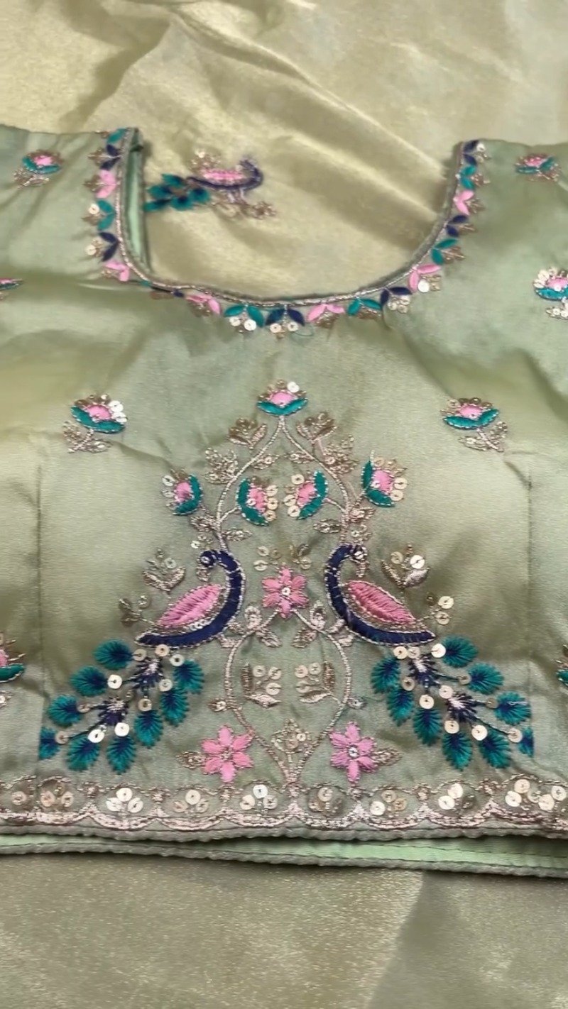 Celestia Sage Green Embroidered Saree Set with Peacock Motif Blouse