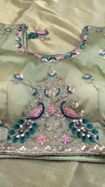 Celestia Sage Green Embroidered Saree Set with Peacock Motif Blouse