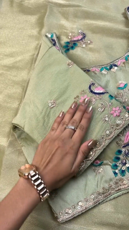Celestia Sage Green Embroidered Saree Set with Peacock Motif Blouse