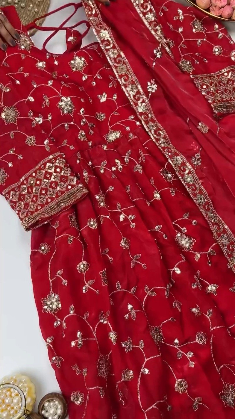 Enchanting Floral Sequined Kurta Set with Dupatta – Available in Crimson Red & Midnight Blue