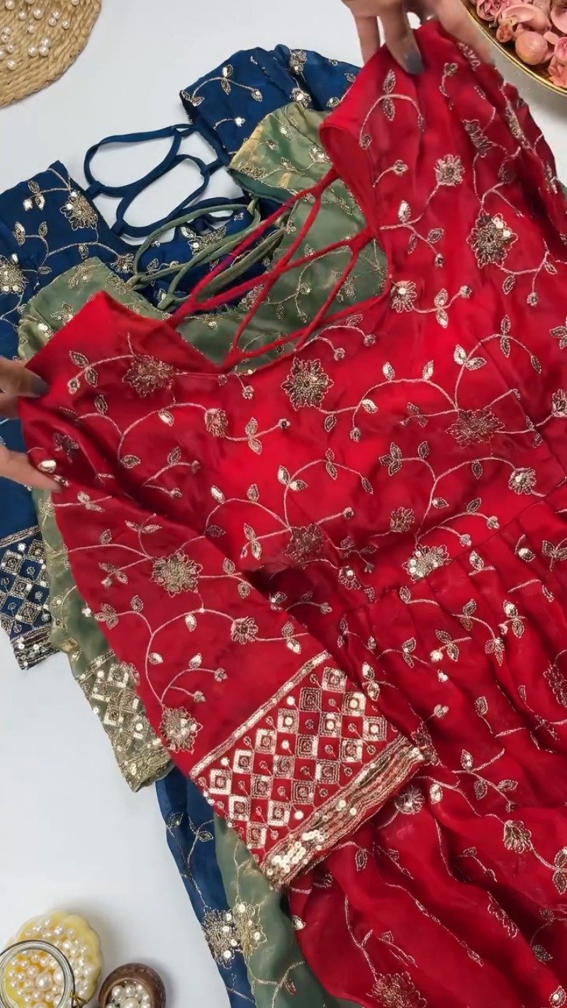 Enchanting Floral Sequined Kurta Set with Dupatta – Available in Crimson Red & Midnight Blue