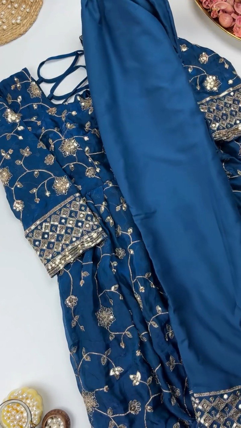 Enchanting Floral Sequined Kurta Set with Dupatta – Available in Crimson Red & Midnight Blue