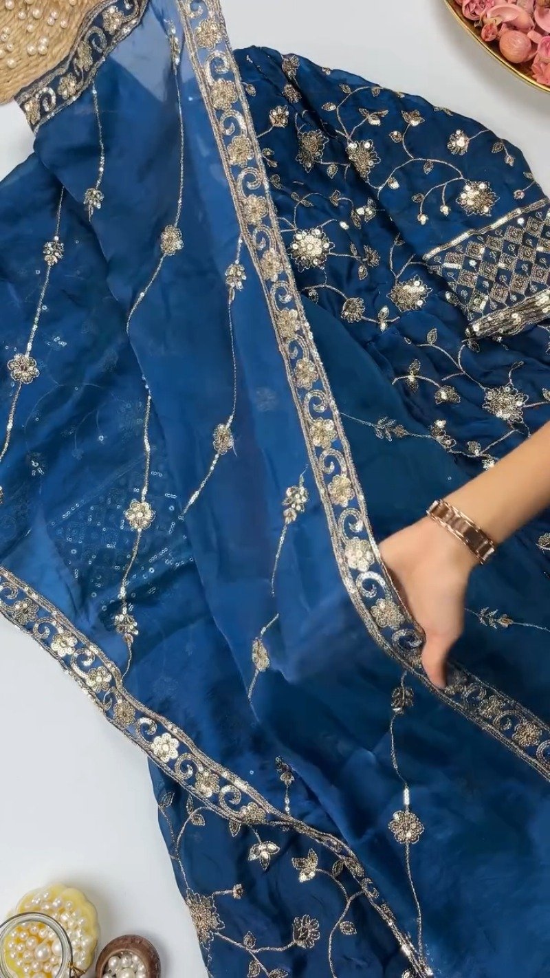 Enchanting Floral Sequined Kurta Set with Dupatta – Available in Crimson Red & Midnight Blue