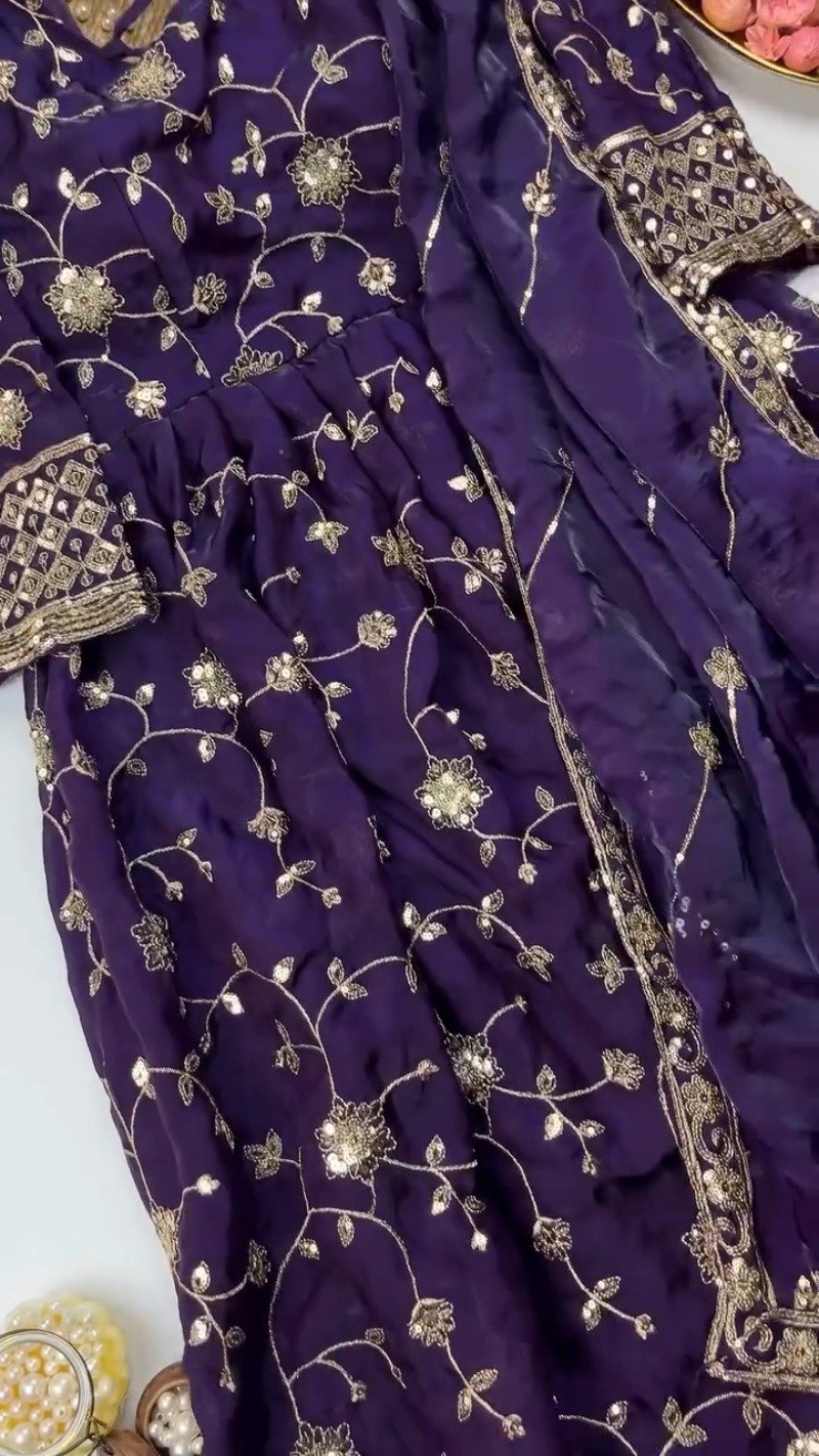 Enchanting Floral Sequined Kurta Set with Dupatta – Available in Crimson Red & Midnight Blue